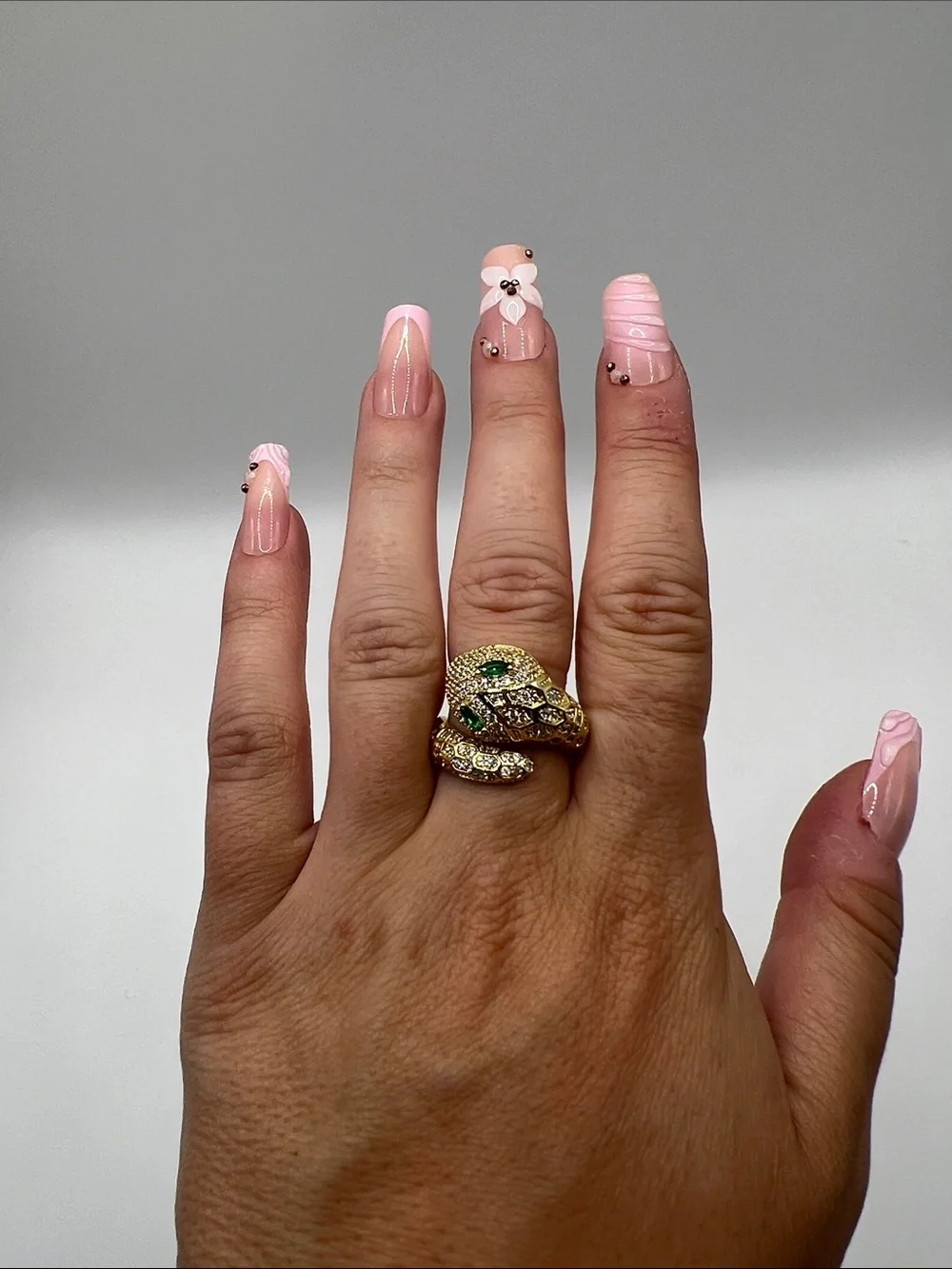 540. 18k Gold Plated over Brass Snake Ring w/ Emerald & Crystal CZ’s.  6 1/2